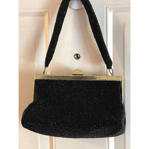 Vintage Fre-Mor Beaded Black Glass Bead Handbag with Mirror